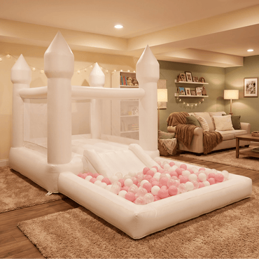 Inflatable bouncy castle with ball pit in a living room setting