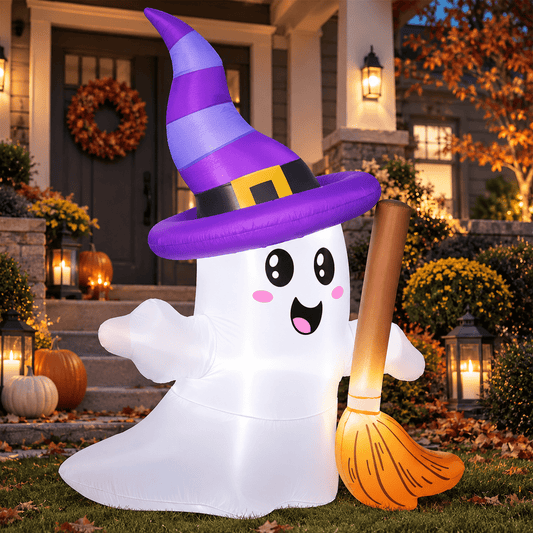 6 FT LED Ghost Halloween yard inflatable glowing on front porch at night