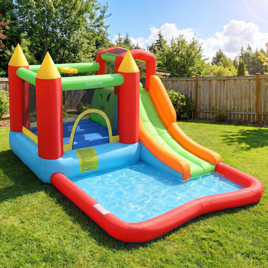 6-in-1 Inflatable Bounce House & Splash Pool, Slide & Climbing Wall For Kids & Toddlers
