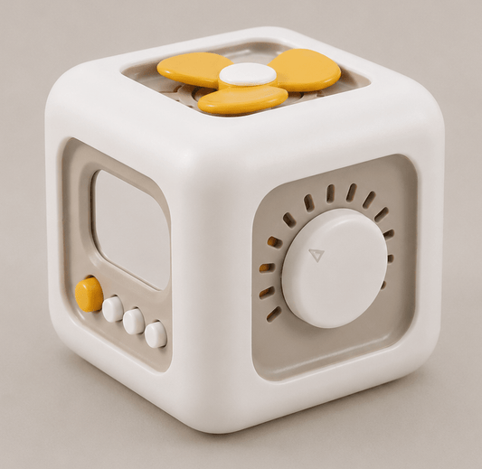 stress-relief cube-shaped device with buttons and display on a beige background, for self-enxiety regulation, big emotions, adhd