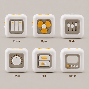 Fidget cube with various functions labeled on a gray background, for enxiety relief, self-regulation, autistic and adhd kids