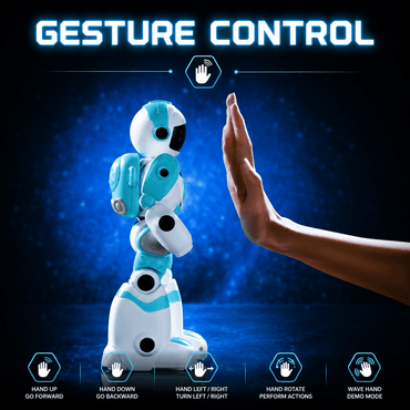 Robot with gesture control features on a dark blue background