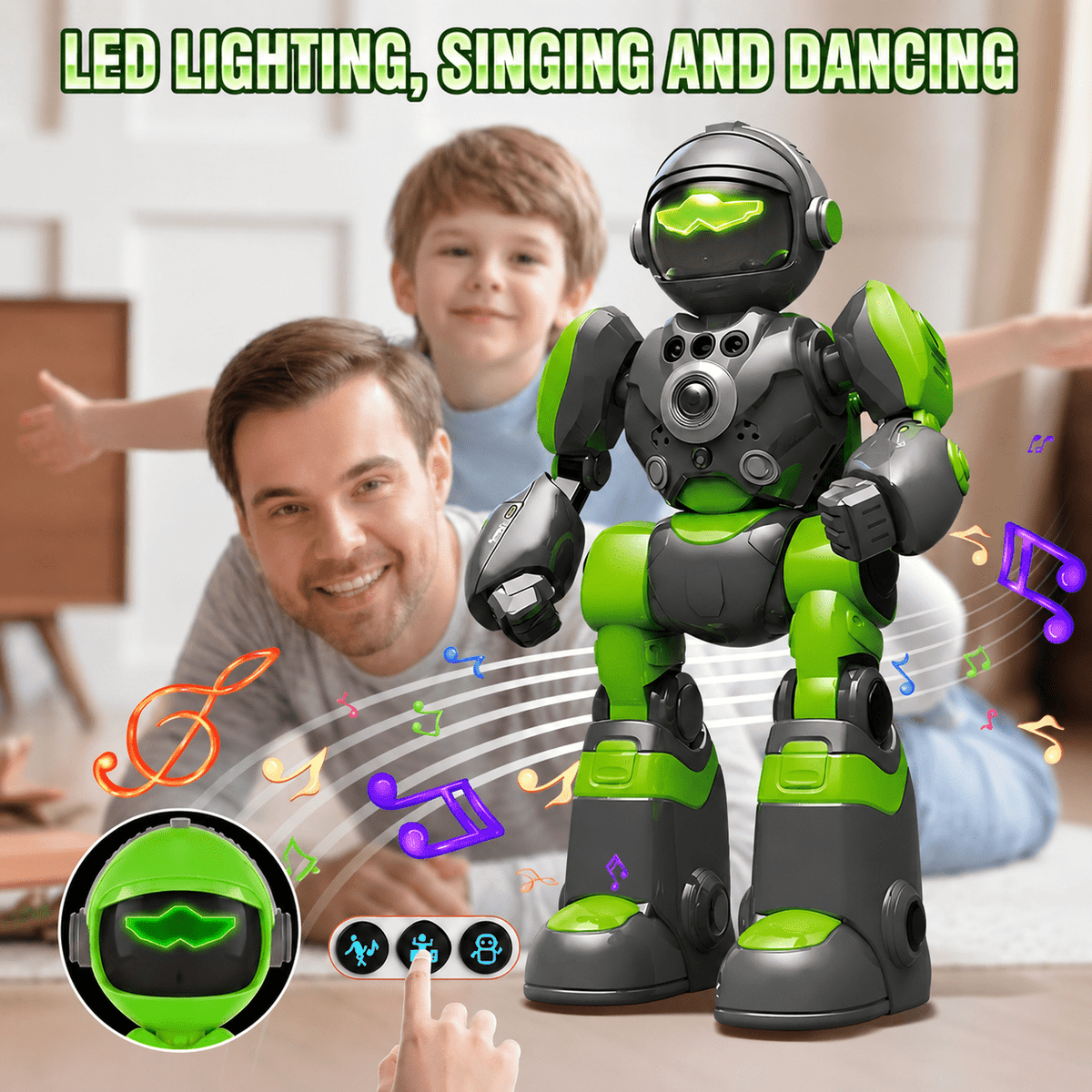Toy robot with LED lighting, singing, and dancing features on a table with a child and adult in the background.