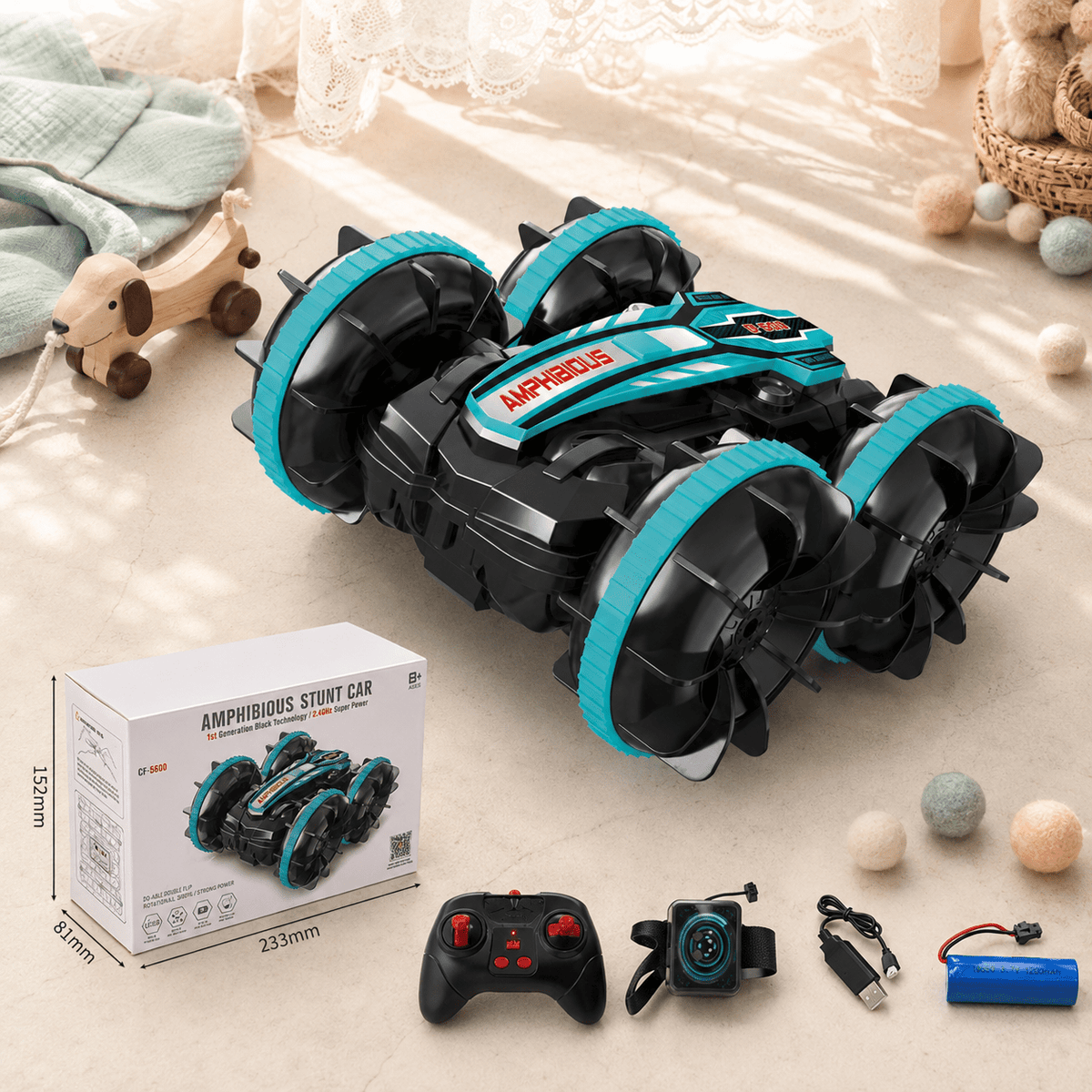 Amphibious stunt car with remote control, battery, and accessories on a light surfac, present idea for boys and girls aged 3-10
