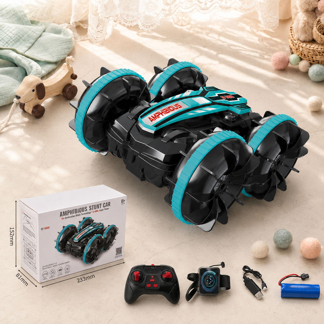 Amphibious stunt car with remote control, battery, and accessories on a light surfac, present idea for boys and girls aged 3-10
