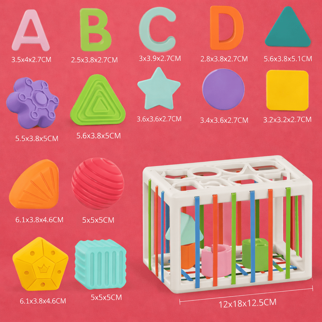 Colorful geometric shapes and a cube with measurements-Baby_Activity_Cube-Montessori-Learning-Toy