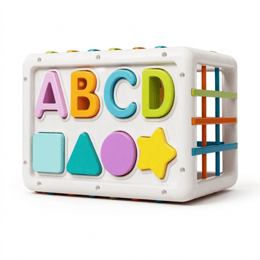 Colorful children's toy with letters and shapes on a white background, Baby_Activity_Cube_-_Montessori_Learning_Toy