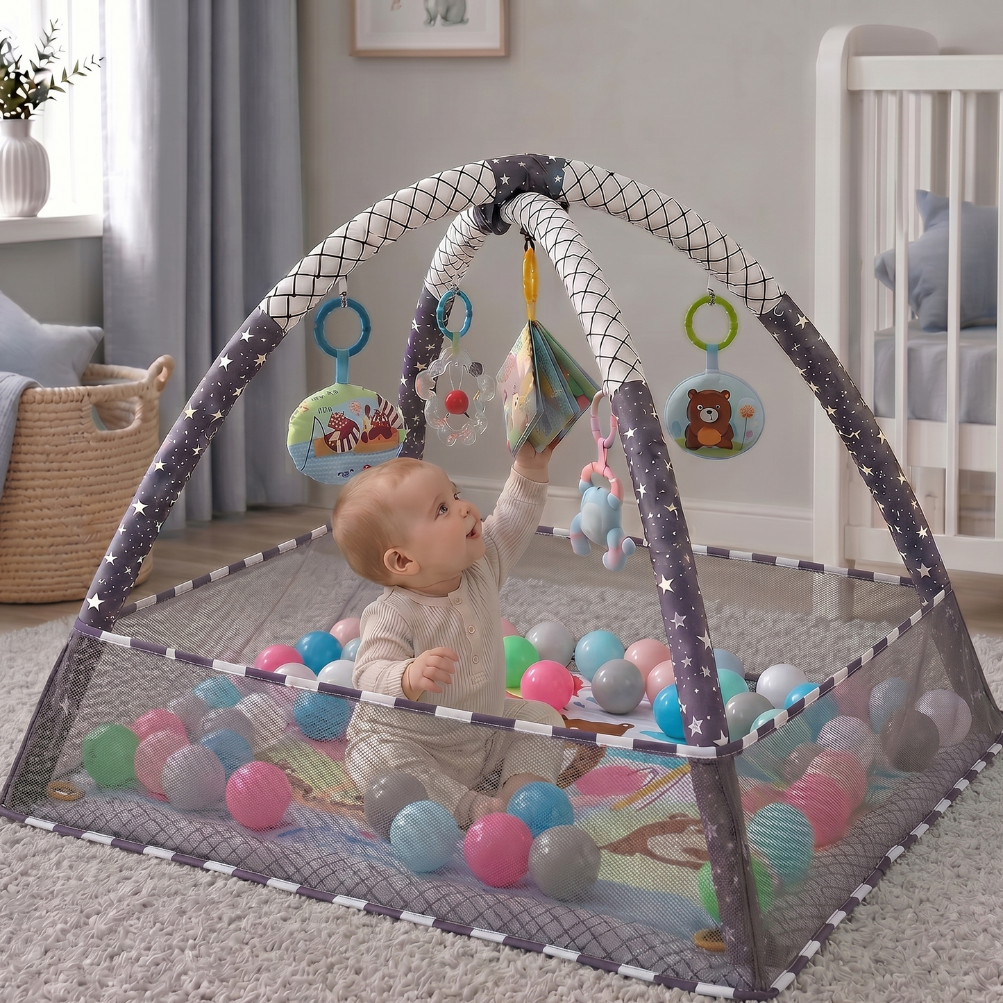 Baby playing with a colorful play gym in a nursery.