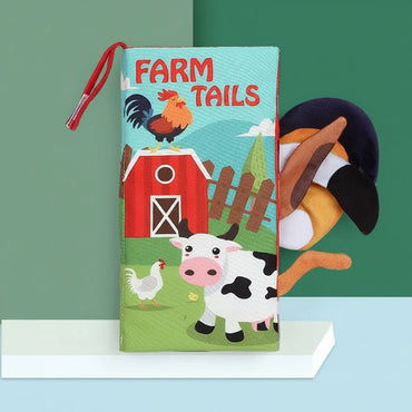 Children's book titled 'Farm Tails' with farm animal illustrations on a green background