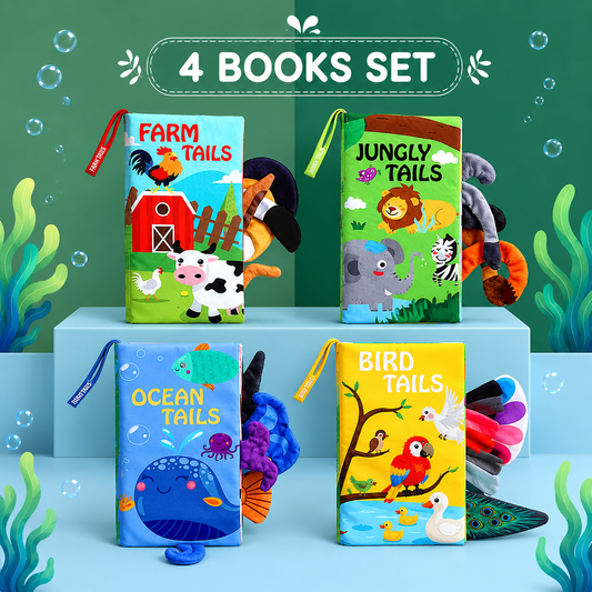 Four children's books דקא: 'Farm Tails', 'Jungly Tails', 'Ocean Tails', and 'Bird Tails' on a blue platform with a green background.
