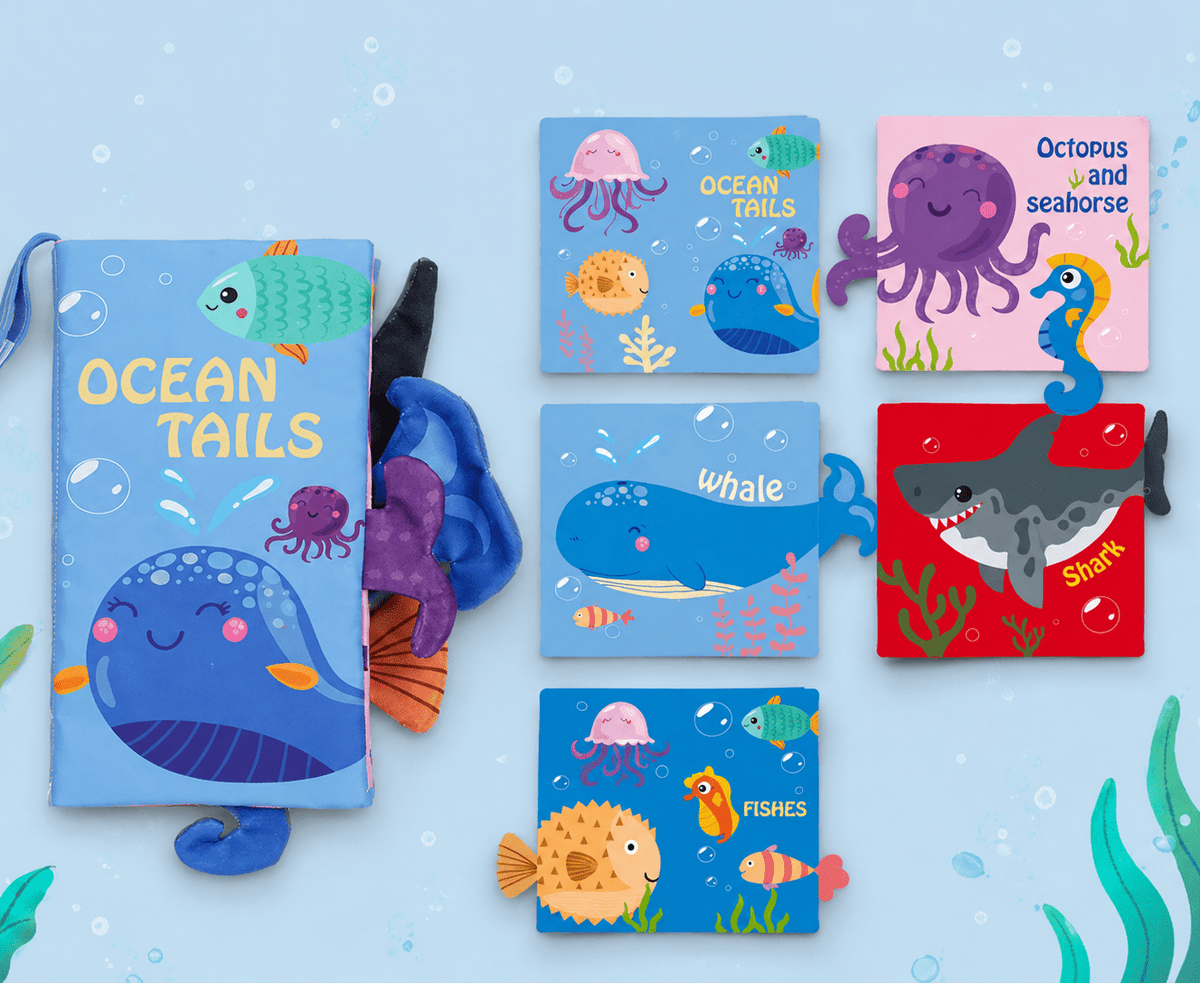 Set of children's books with ocean-themed illustrations on a light blue background