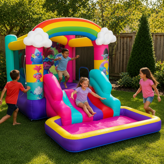 A colorful inflatable children's bounce house with a rainbow arch, slide, and pool, shown in a backyard with children playing on the grass.