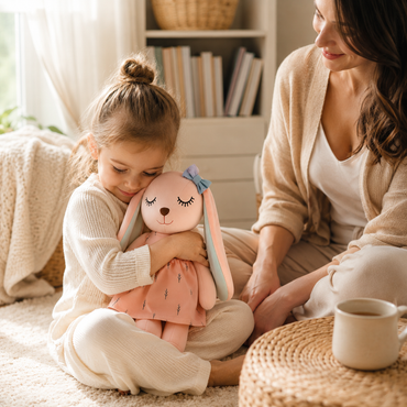 Woman and child sitting together with a plush toy in a cozy room.