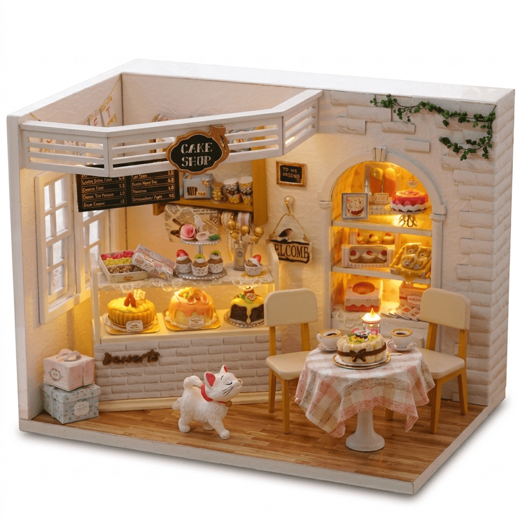DIY Miniature Dollhouse Kit – Cake Shop with Furniture & LED Lights - birthday gifl ideas for kids girls