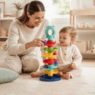 Woman and child playing with a colorful toy in a bright room