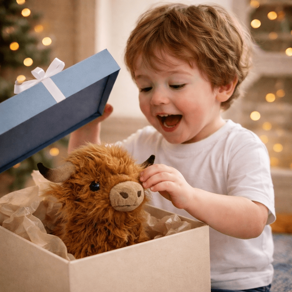 Child opening a box with a fluffy brown Highland Cow Plush Toy inside, surrounded by festive decorations.