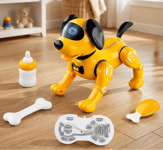 Yellow robot dog toy with remote control on a wooden floor, surrounded by toys.