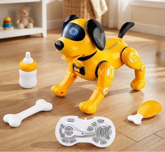 Yellow robot dog toy with remote control on a wooden floor, surrounded by toys.