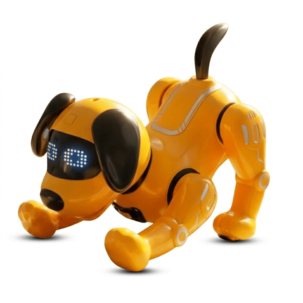 Yellow robot dog with a screen on its chest against a white background