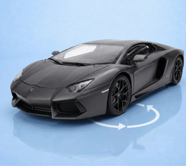 Black sports car on a blue background with a circular arrow indicating rotation.