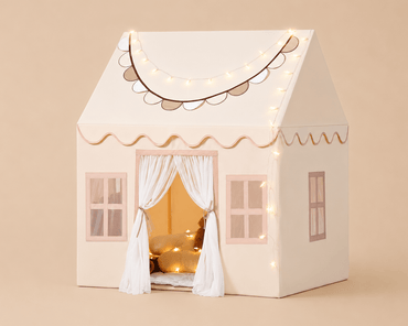 BUBINNA DreamHouse large cream kids indoor playhouse tent with star fairy lights scalloped roof and curtained doorway