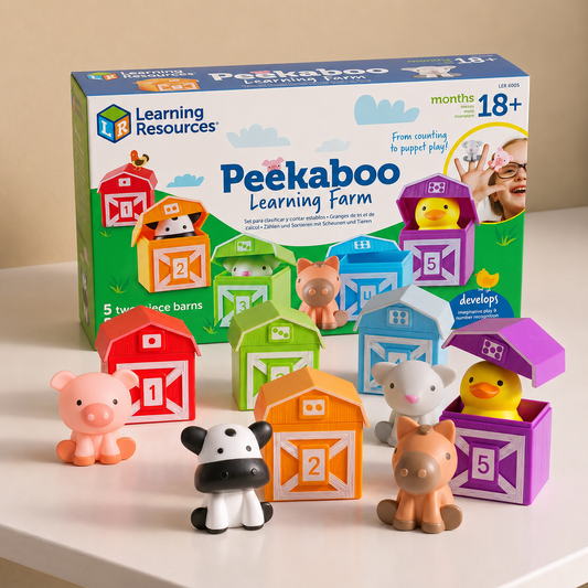 Learning Resources Peekaboo Learning Farm toy set with packaging on a white surface.