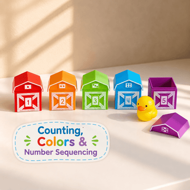 Colorful toy blocks with numbers and a rubber duck on a light surface.