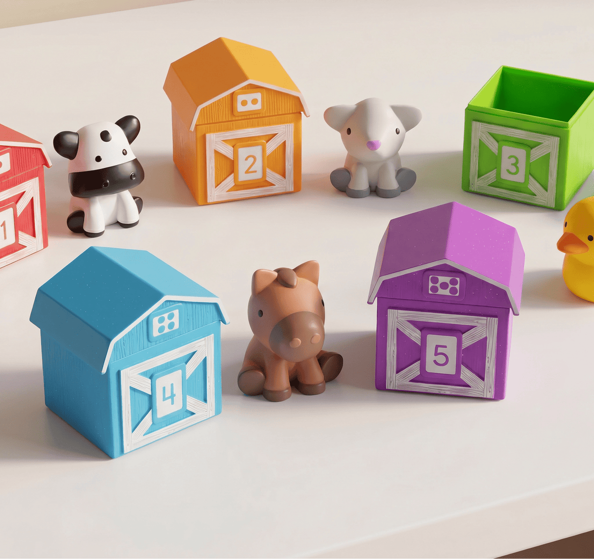 Colorful toy barns and farm animals on a white surface, speech, counting, imagination development