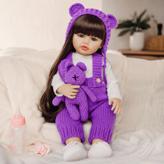 55cm reborn baby girl doll purple knitted bear ear outfit long dark hair painted face bottle accessory ages 3