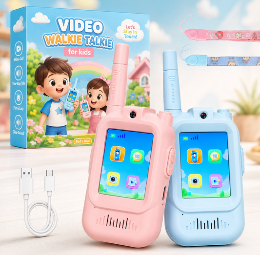 Two children's walkie-talkie toy phones in pastel pink and light blue are displayed in front of their colorful retail box.