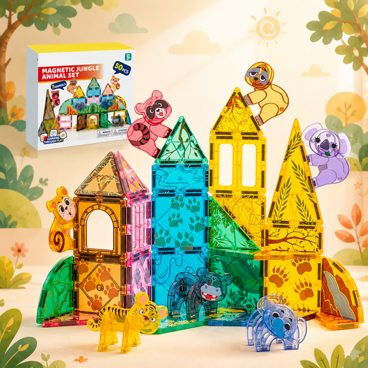 Magnetic animal building toy set with translucent colored pieces and small animal figures, shown assembled into animal-shaped houses with the product box visible in the upper left on a decorative illustrated background.