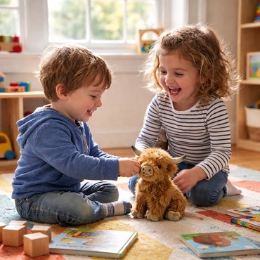 Kids playing with Cute Messy Hair Wild Cow Plushie
