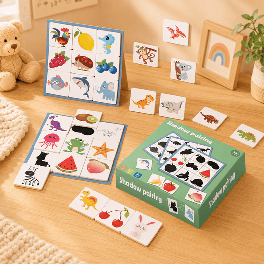 Shadow pairing children's puzzle card game set displayed on a wooden table, including a green storage box, two assembled matching cards, loose cards