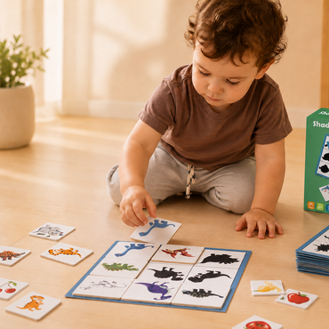 A toddler sits on a wooden floor playing with a shadow painting card game, with the green product box standing beside them.