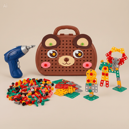 Children's building block set with bear-shaped carrying case, hot glue gun, and various colorful blocks on a beige background.