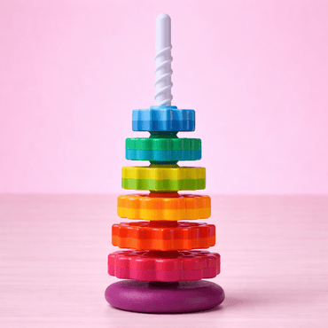 Colorful stack of rings on a pink background