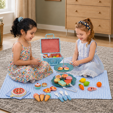 Two young girls playing with toy food and cutlery on a checkered blanket in a room.