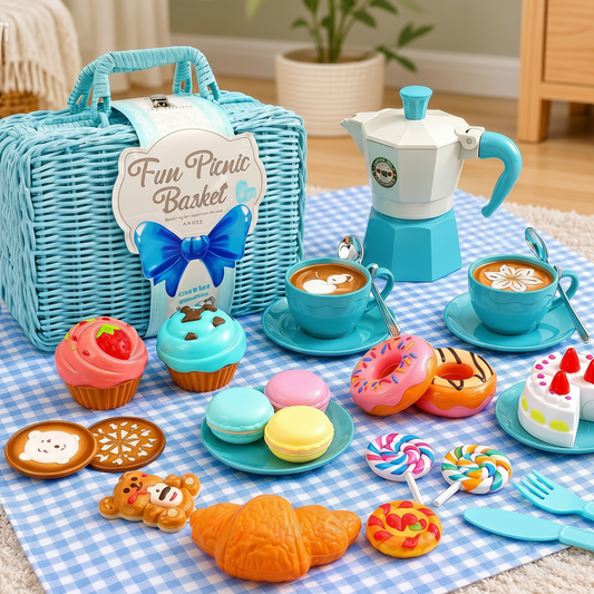Toy picnic set with a blue picnic basket, coffee pots, and miniature food items on a checkered tablecloth.