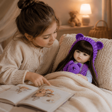 Child reading a book to a doll wearing a purple hoodie with bear ears in a cozy room.