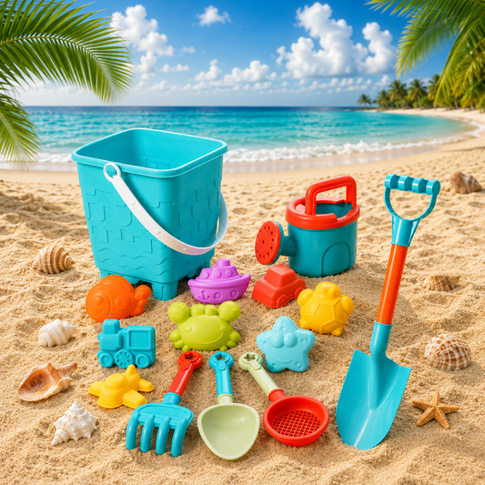 A colorful beach toy set arranged on sandy shore with a tropical ocean and palm trees in the background. The set includes a large turquoise bucket with a white handle, a smaller turquoise and red bucket, a shovel, a rake, a scoop, a mold, and several beach-themed toy shapes.