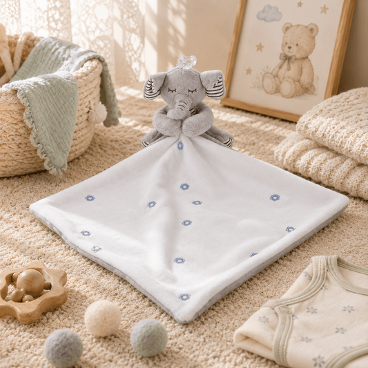 Gray elephant plush toy on a white blanket with baby items around in a cozy room.