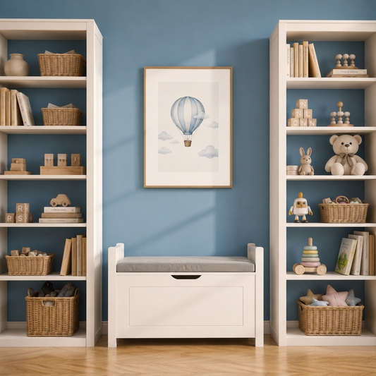 Toy Box with Cushioned Bench Seat & Safety Lid | White MDF Children's Storage Chest with Side Handles | Nursery Playroom Organizer