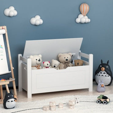 Toy Box with Cushioned Bench Seat & Safety Lid | White MDF Children's Storage Chest with Side Handles | Nursery Playroom Organizer -2
