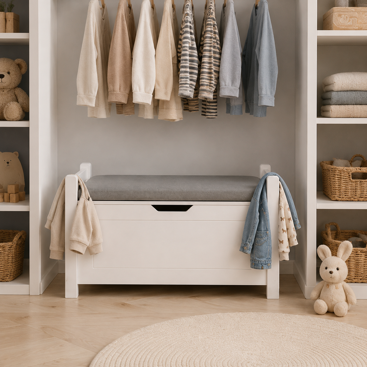 Toy Box with Cushioned Bench Seat & Safety Lid | White MDF Children's Storage Chest with Side Handles | Nursery Playroom Organizer -4, no more clutter on the floor