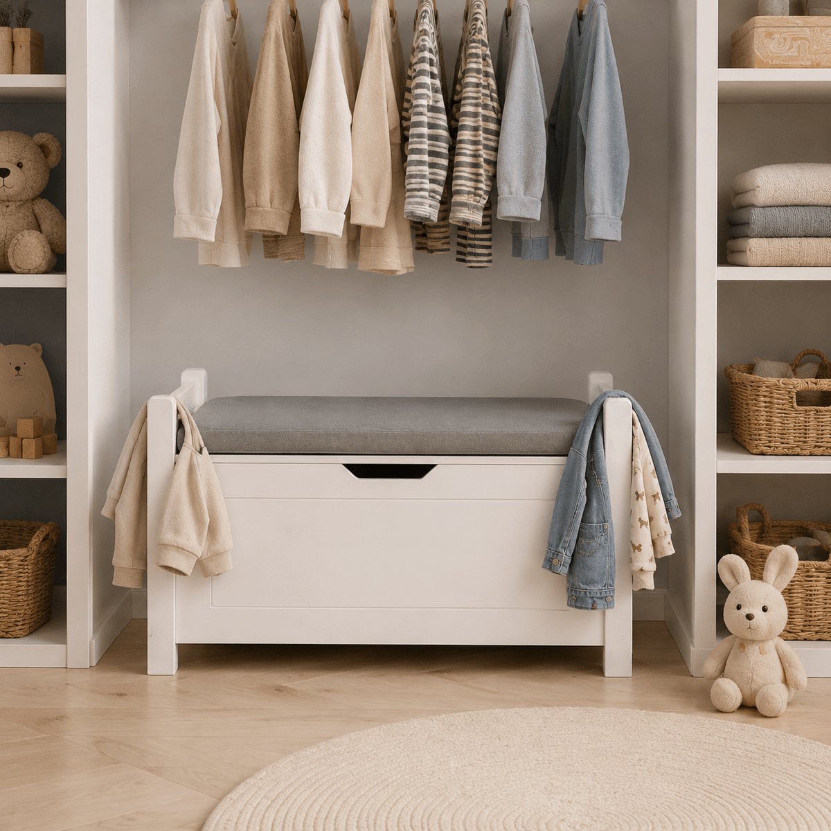 Toy Box with Cushioned Bench Seat & Safety Lid | White MDF Children's Storage Chest with Side Handles | Nursery Playroom Organizer -4, no more clutter on the floor