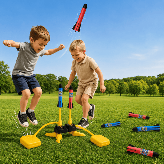 Two children playing with a toy launch set on a grassy field with trees in the background.