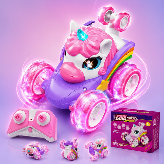 UniStunt pink unicorn remote control stunt car 360 degree spinning LED lights girls ages 3