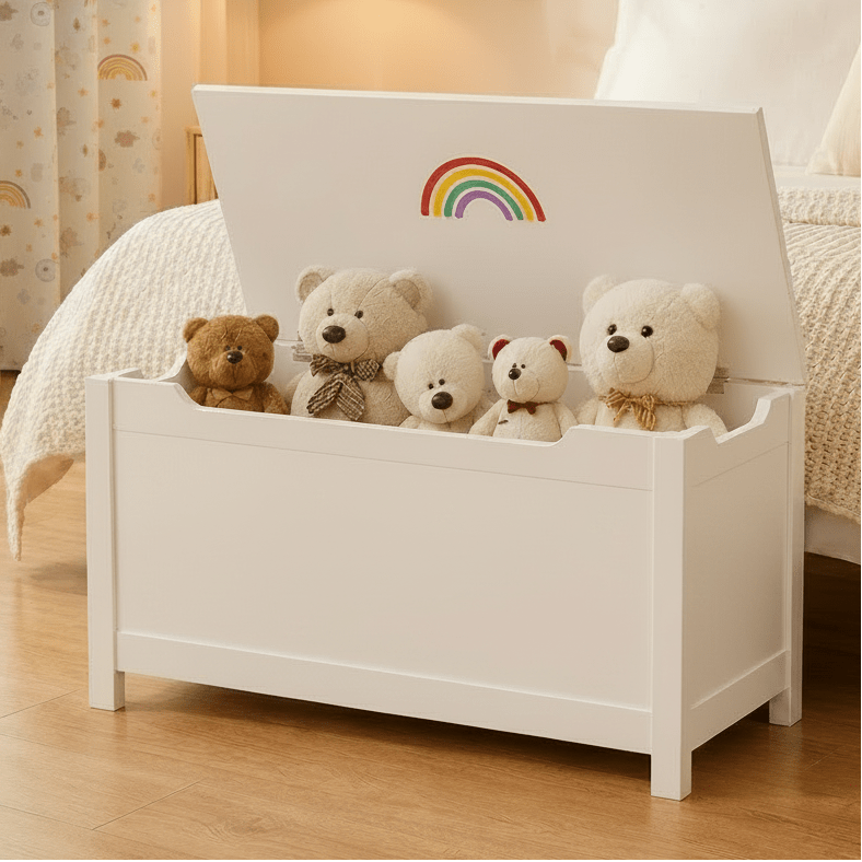 White Kids Toy Box with Safety Hinged Lid | Wooden Toy Chest Storage Bench for Toddlers | MDF Children's Playroom Organizer-2