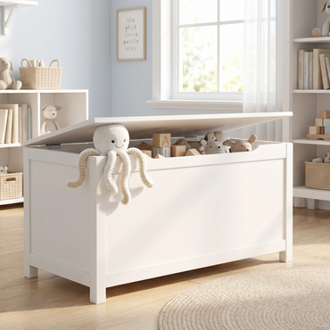 White Kids Toy Box with Safety Hinged Lid | Wooden Toy Chest Storage Bench for Toddlers | MDF Children's Playroom Organizer 1