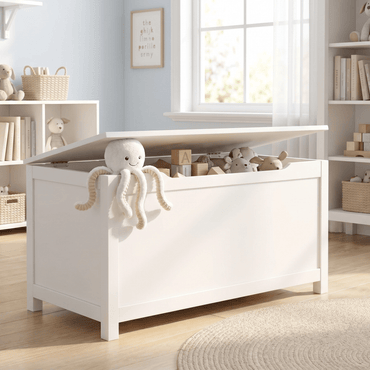 White Kids Toy Box with Safety Hinged Lid | Wooden Toy Chest Storage Bench for Toddlers | MDF Children's Playroom Organizer 1